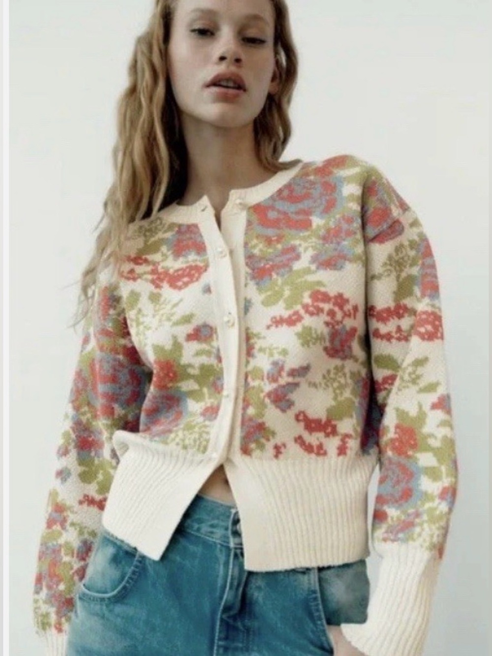 Zara Floral Knit Cardigan Sweater - Cream with Pink & Green women’s medium